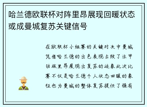哈兰德欧联杯对阵里昂展现回暖状态或成曼城复苏关键信号 哈兰德欧联杯对阵里昂展现回暖状态或成曼城复苏关键信号