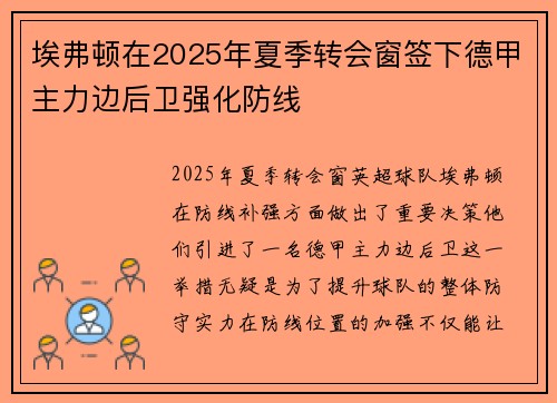埃弗顿在2025年夏季转会窗签下德甲主力边后卫强化防线